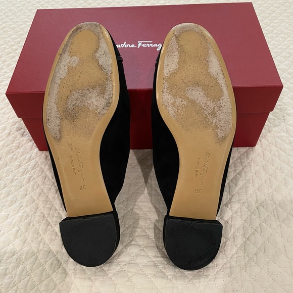 Salvatore Ferragamo Black Suede Muggia Slip-on Mules with Chain Logo Detail 8C - Picture 12 of 13